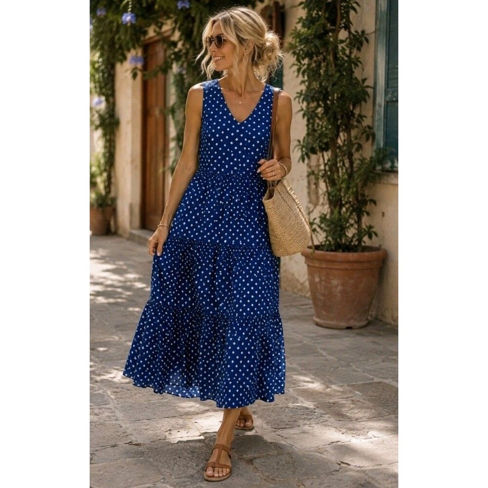 MAGARI Made in Italy Blue Geometric Tiered Midi Dress Sleeveless V-Neck Size M